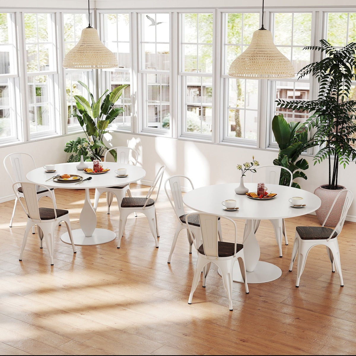 Metal Dining Chairs Set of 4 Stackable Kitchen Side Chairs with Wood Seat and Detachable High Backrest-White view 6