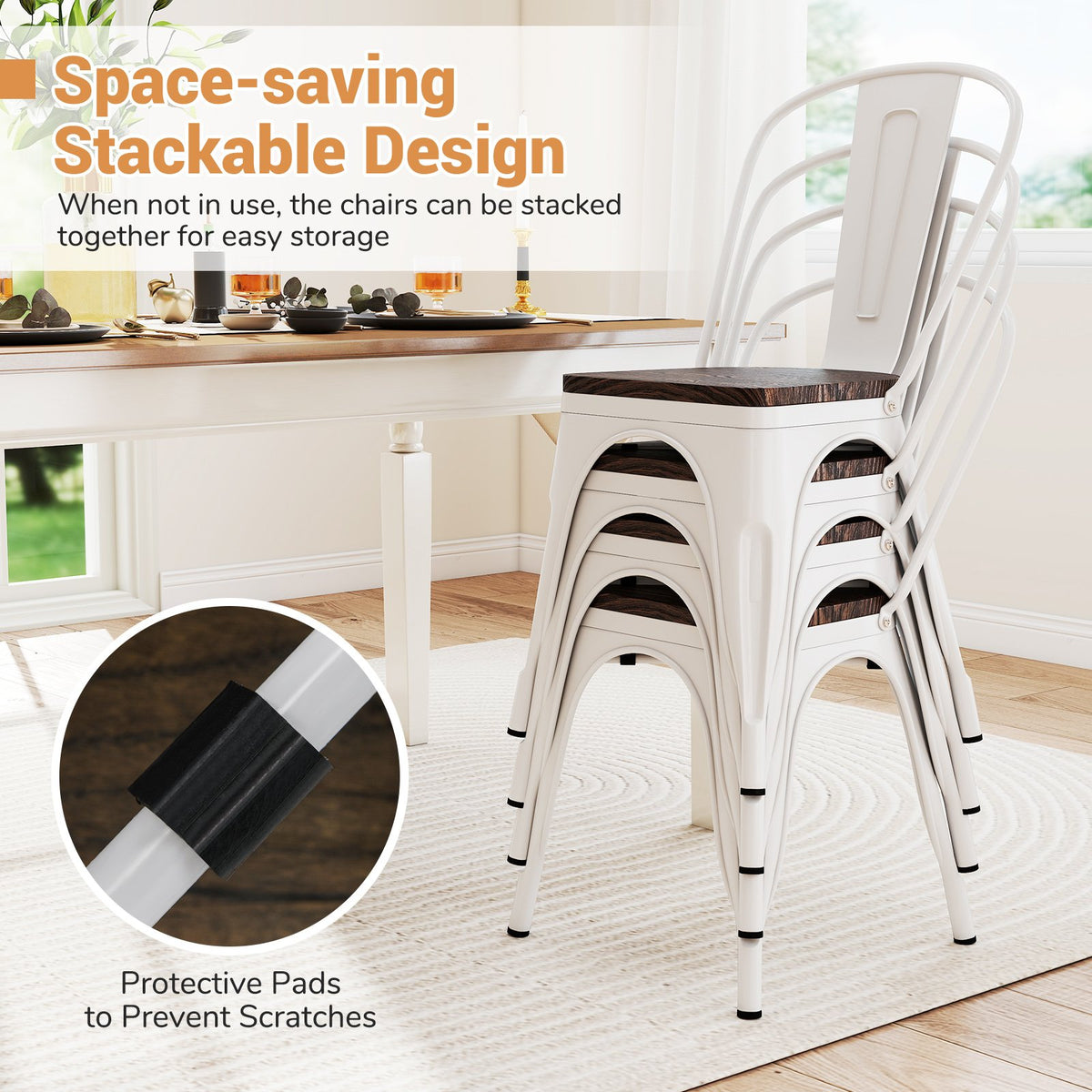 Metal Dining Chairs Set of 4 Stackable Kitchen Side Chairs with Wood Seat and Detachable High Backrest-White view 8