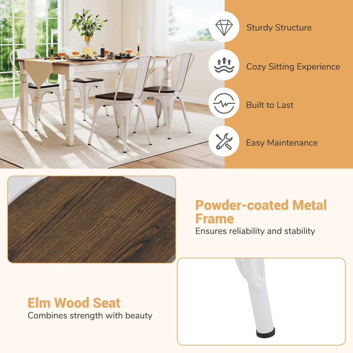 Metal Dining Chairs Set of 4 Stackable Kitchen Side Chairs with Wood Seat and Detachable High Backrest-White view 9