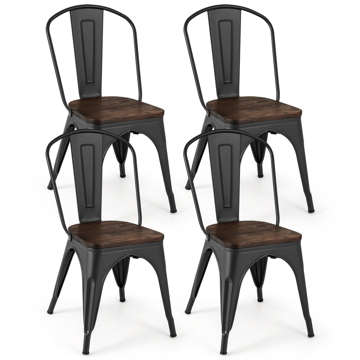 Metal Dining Chairs Set of 4 Tolix Style Stackable Kitchen Chairs with Wood Seat-Black