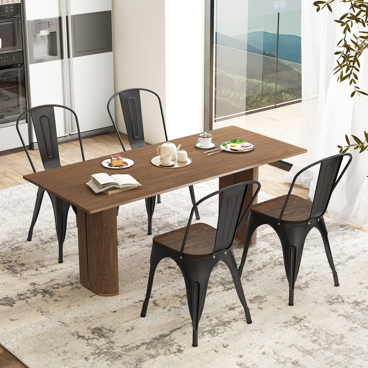 Metal Dining Chairs Set of 4 Tolix Style Stackable Kitchen Chairs with Wood Seat-Black view 2