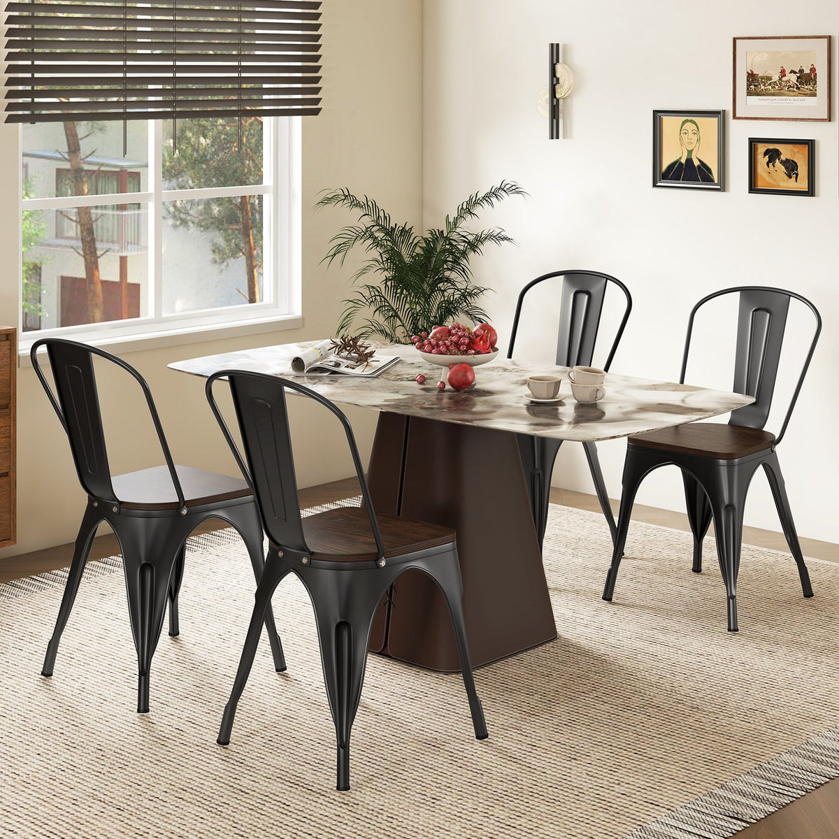 Metal Dining Chairs Set of 4 Tolix Style Stackable Kitchen Chairs with Wood Seat-Black view 3
