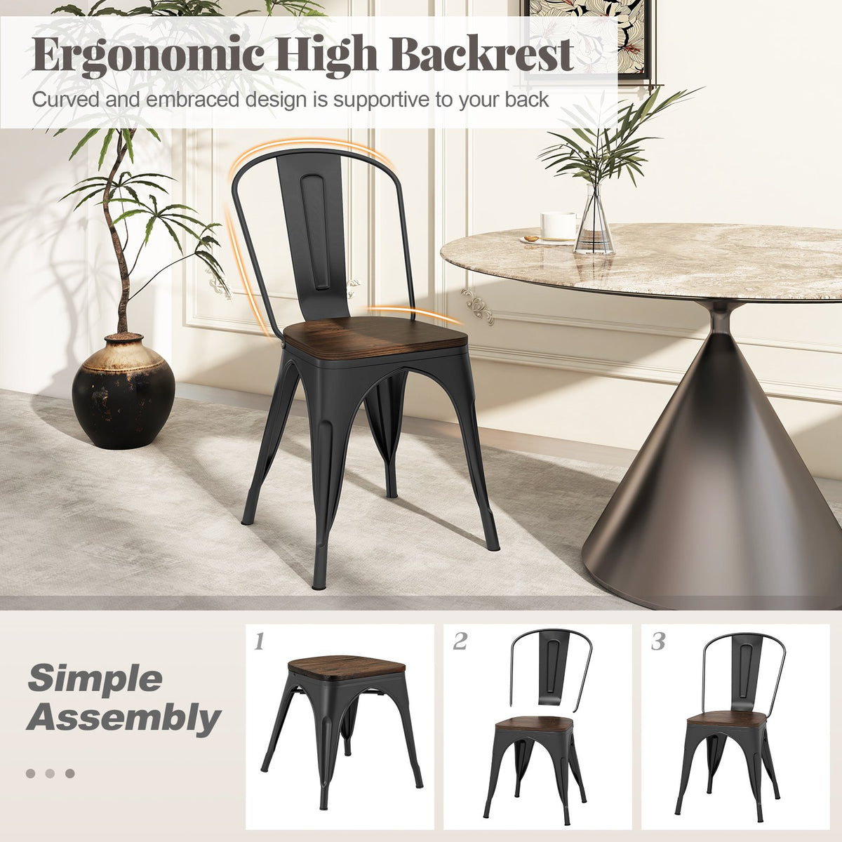 Metal Dining Chairs Set of 4 Tolix Style Stackable Kitchen Chairs with Wood Seat-Black view 6
