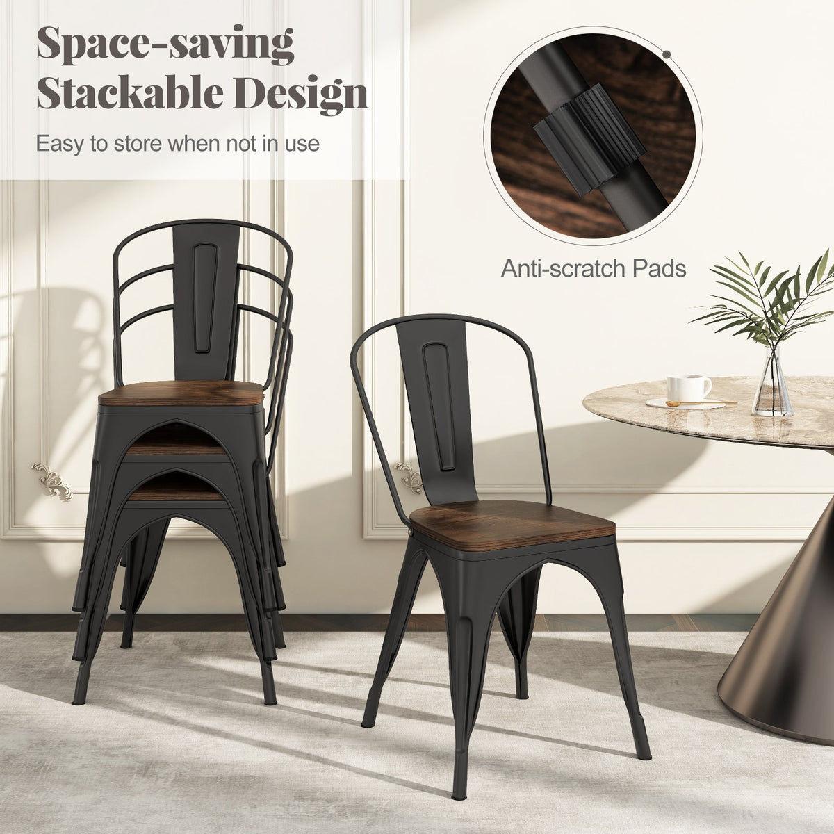 Metal Dining Chairs Set of 4 Tolix Style Stackable Kitchen Chairs with Wood Seat-Black view 7