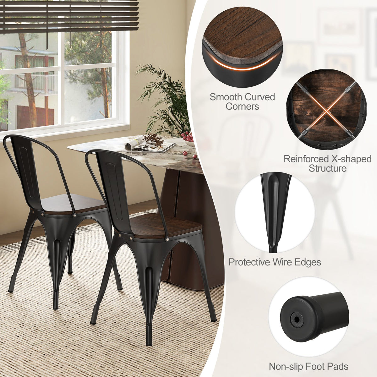 Metal Dining Chairs Set of 4 Tolix Style Stackable Kitchen Chairs with Wood Seat-Black view 9