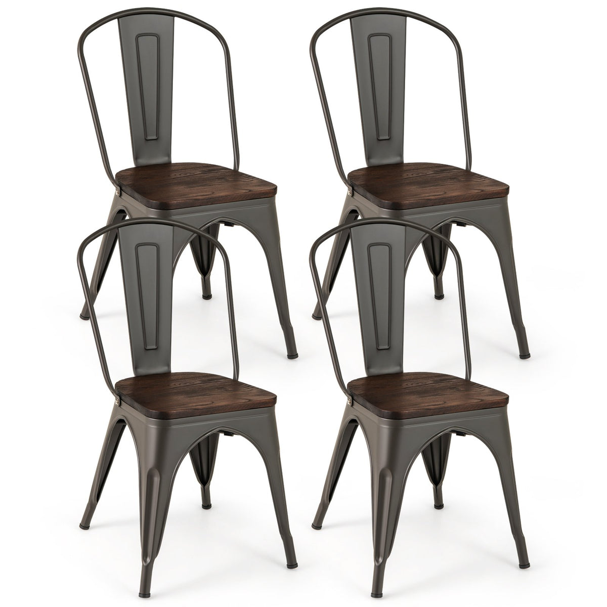 Metal Dining Chairs Set of 4 Tolix Style Stackable Kitchen Chairs with Wood Seat-Gun
