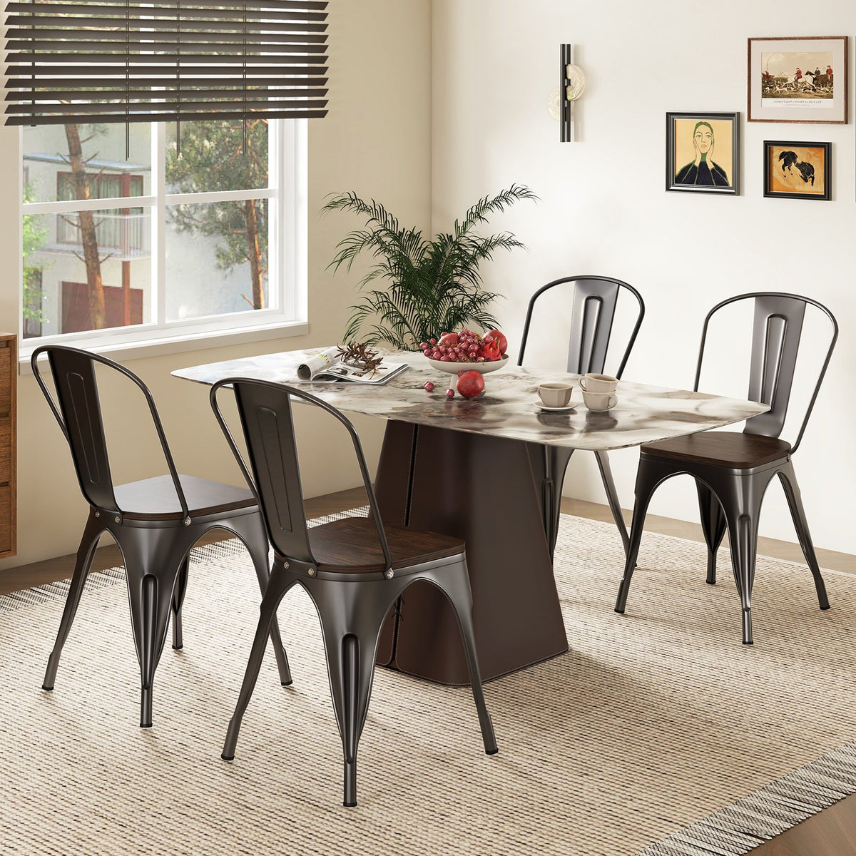Metal Dining Chairs Set of 4 Tolix Style Stackable Kitchen Chairs with Wood Seat-Gun view 2