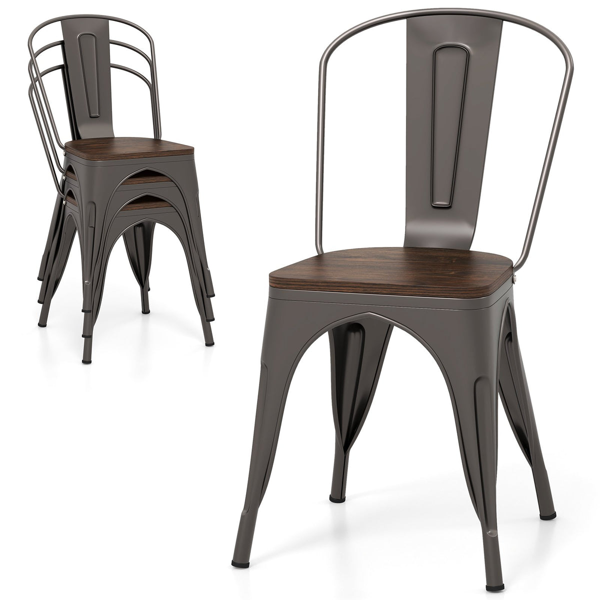 Metal Dining Chairs Set of 4 Tolix Style Stackable Kitchen Chairs with Wood Seat-Gun view 4