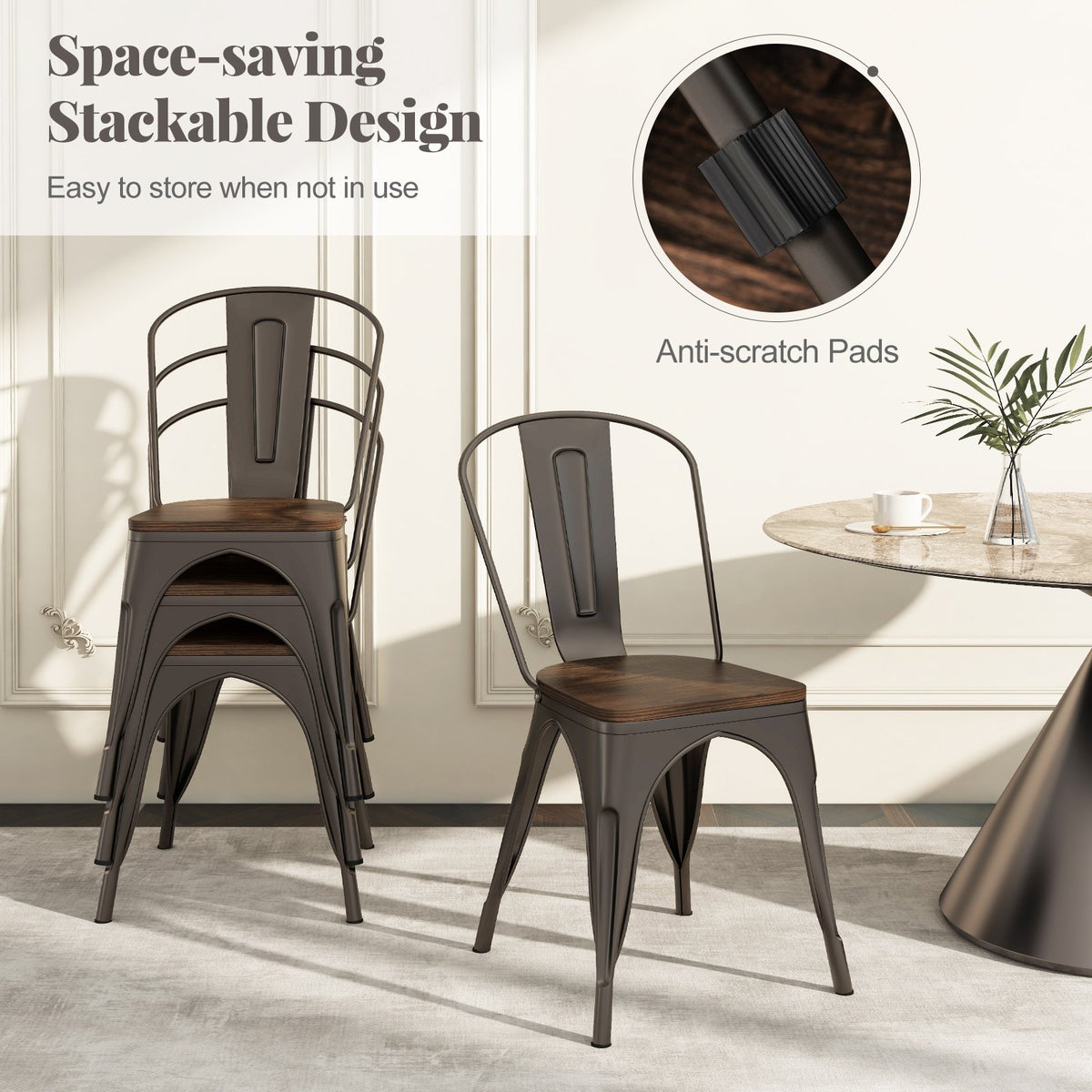 Metal Dining Chairs Set of 4 Tolix Style Stackable Kitchen Chairs with Wood Seat-Gun view 6