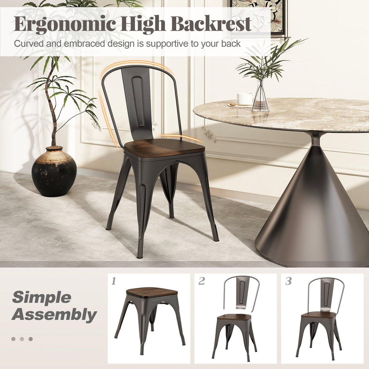 Metal Dining Chairs Set of 4 Tolix Style Stackable Kitchen Chairs with Wood Seat-Gun view 7