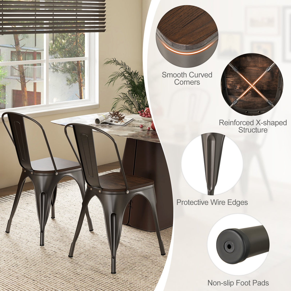 Metal Dining Chairs Set of 4 Tolix Style Stackable Kitchen Chairs with Wood Seat-Gun view 9