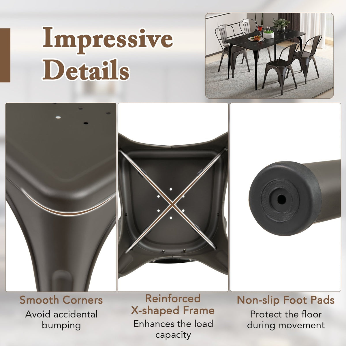 Metal Dining Chairs Set of 4 with Removable Backrest for Dining Room Restaurant Living Room-Gun view 8