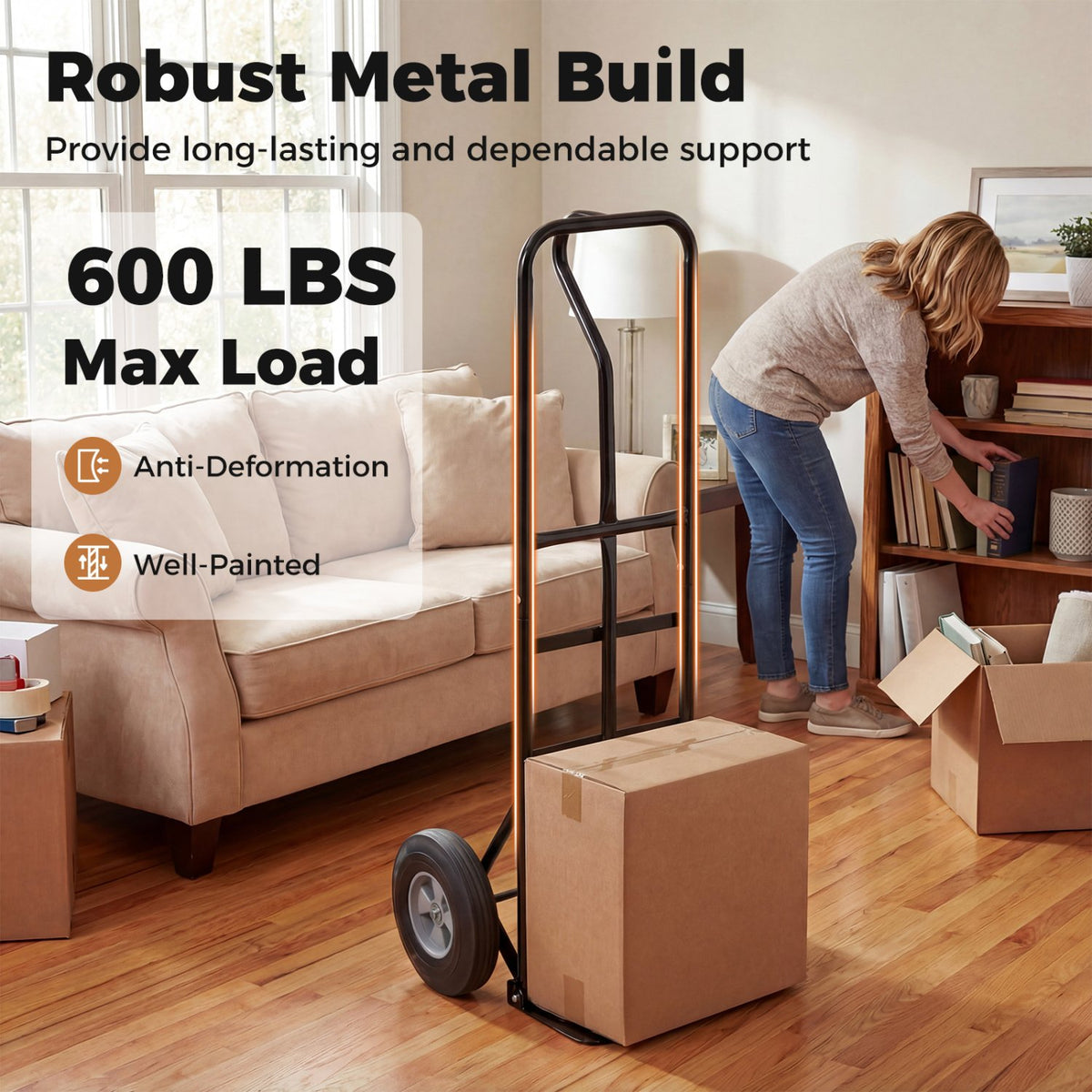 Metal Hand Truck Heavy-Duty 600 LBS Moving Dolly Cart with P-Handle and 10inch Rubber Wheels-Black view 6