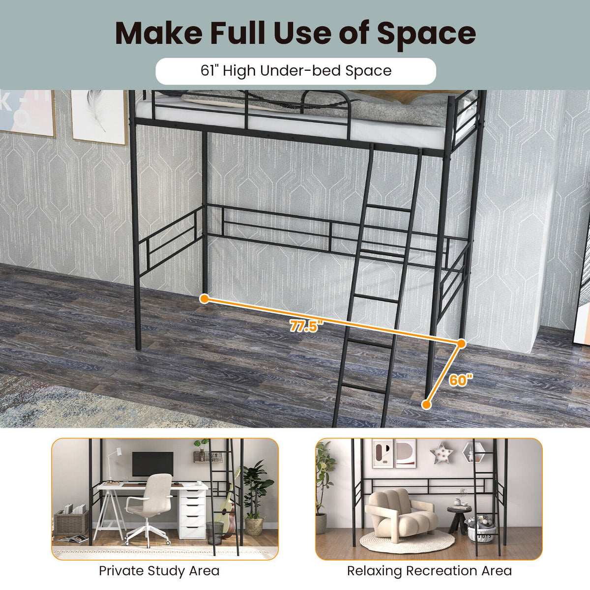 Metal Loft Twin Bed Frame Single High Loft Bed-Black view 6