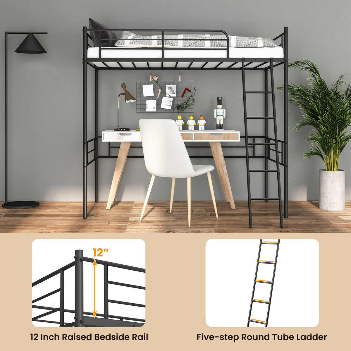 Metal Loft Twin Bed Frame Single High Loft Bed-Black view 8