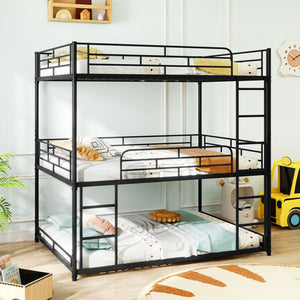 Metal Triple Bunk Bed with Safety Guardrails and 2 Ladders-Black view 2