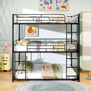 Metal Triple Bunk Bed with Safety Guardrails and 2 Ladders-Black view 3
