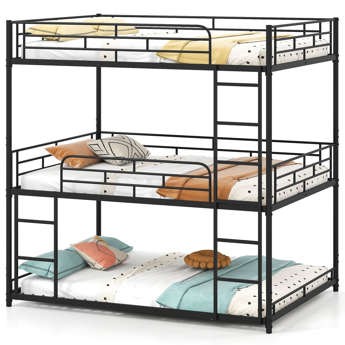 Metal Triple Bunk Bed with Safety Guardrails and 2 Ladders-Black view 4