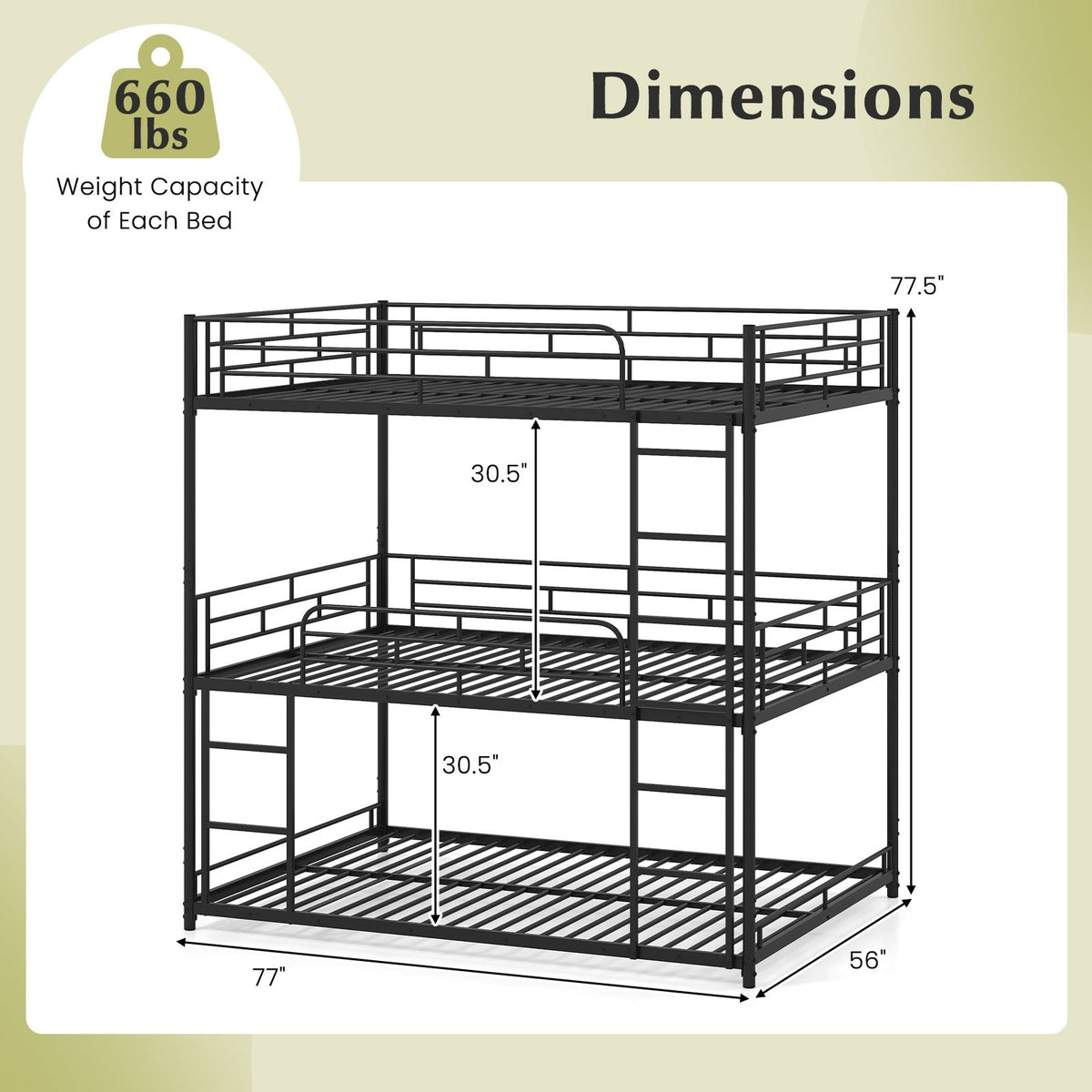 Metal Triple Bunk Bed with Safety Guardrails and 2 Ladders-Black view 5