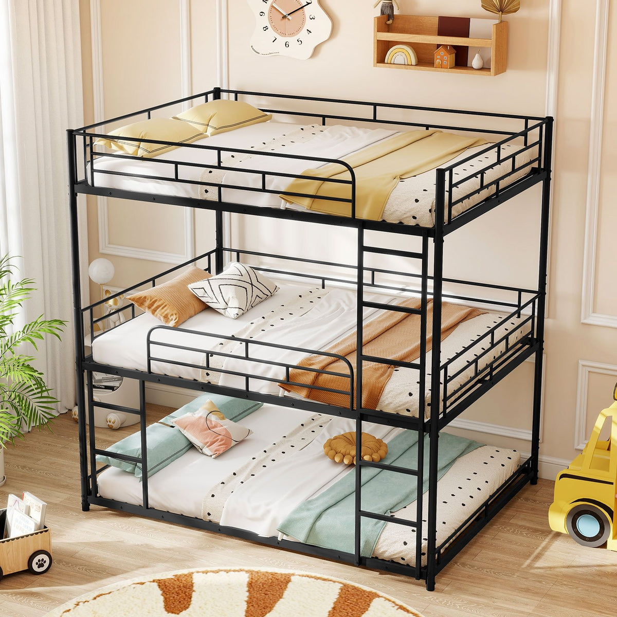 Metal Triple Bunk Bed with Safety Guardrails and 2 Ladders-Black view 6