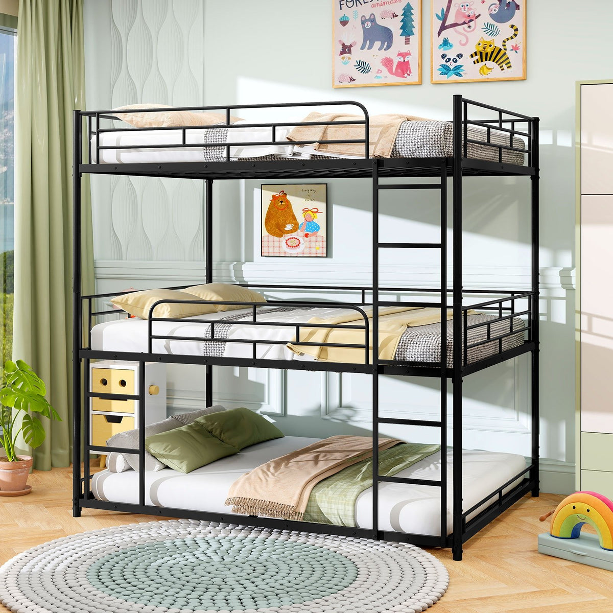 Metal Triple Bunk Bed with Safety Guardrails and 2 Ladders-Black view 7