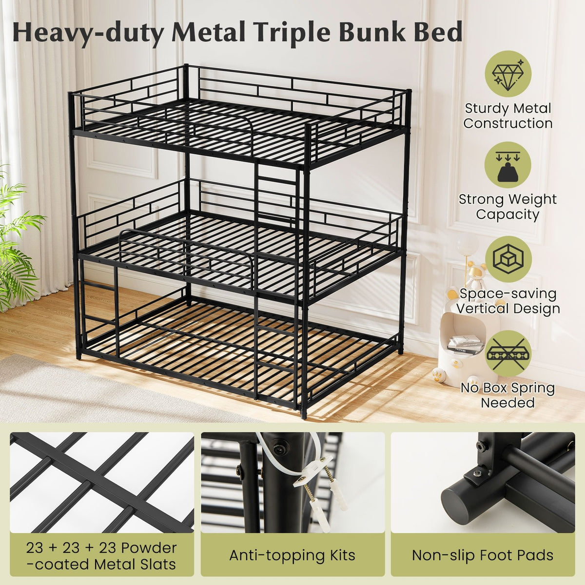 Metal Triple Bunk Bed with Safety Guardrails and 2 Ladders-Black view 8