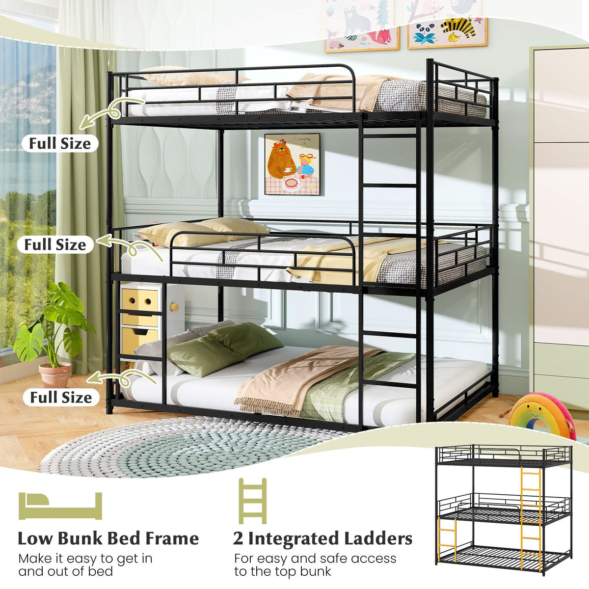 Metal Triple Bunk Bed with Safety Guardrails and 2 Ladders-Black view 9