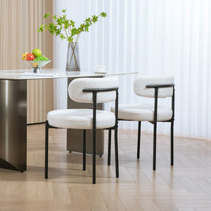 2 Pieces Kitchen Chairs, Modern Dining Chairs w/ Berber Fleece Upholstery and Steel Legs for Living Room, Cream White