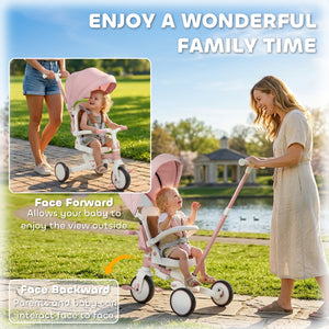 Qaba 7 in 1 Toddler Tricycle with Safety Harness, Adjustable & Removable Parent Handle, Canopy, Storage Bag, Brake, Pink