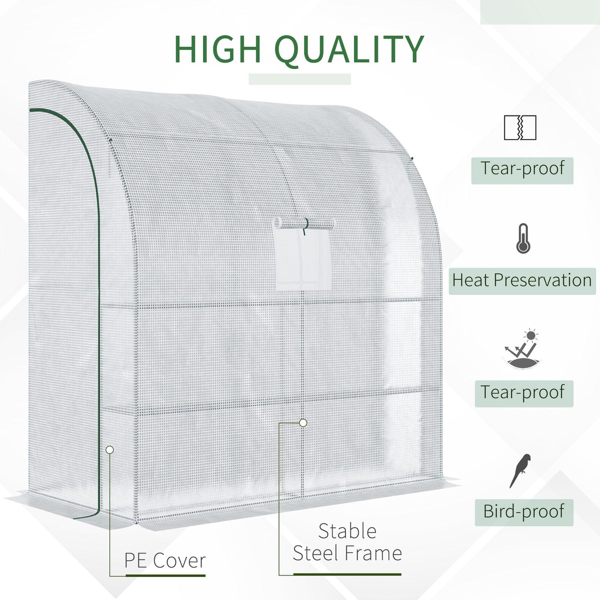 7' x 3' x 7' Outdoor Lean-to Walk-In Greenhouse w/ Roll-up Mesh Windows, Zipper Door and 3-Tier Shelves, White