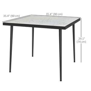 Outdoor Dining Table for 4, Square Patio Dining Table with Marble Effect Tempered Glass Top and Steel Frame, White