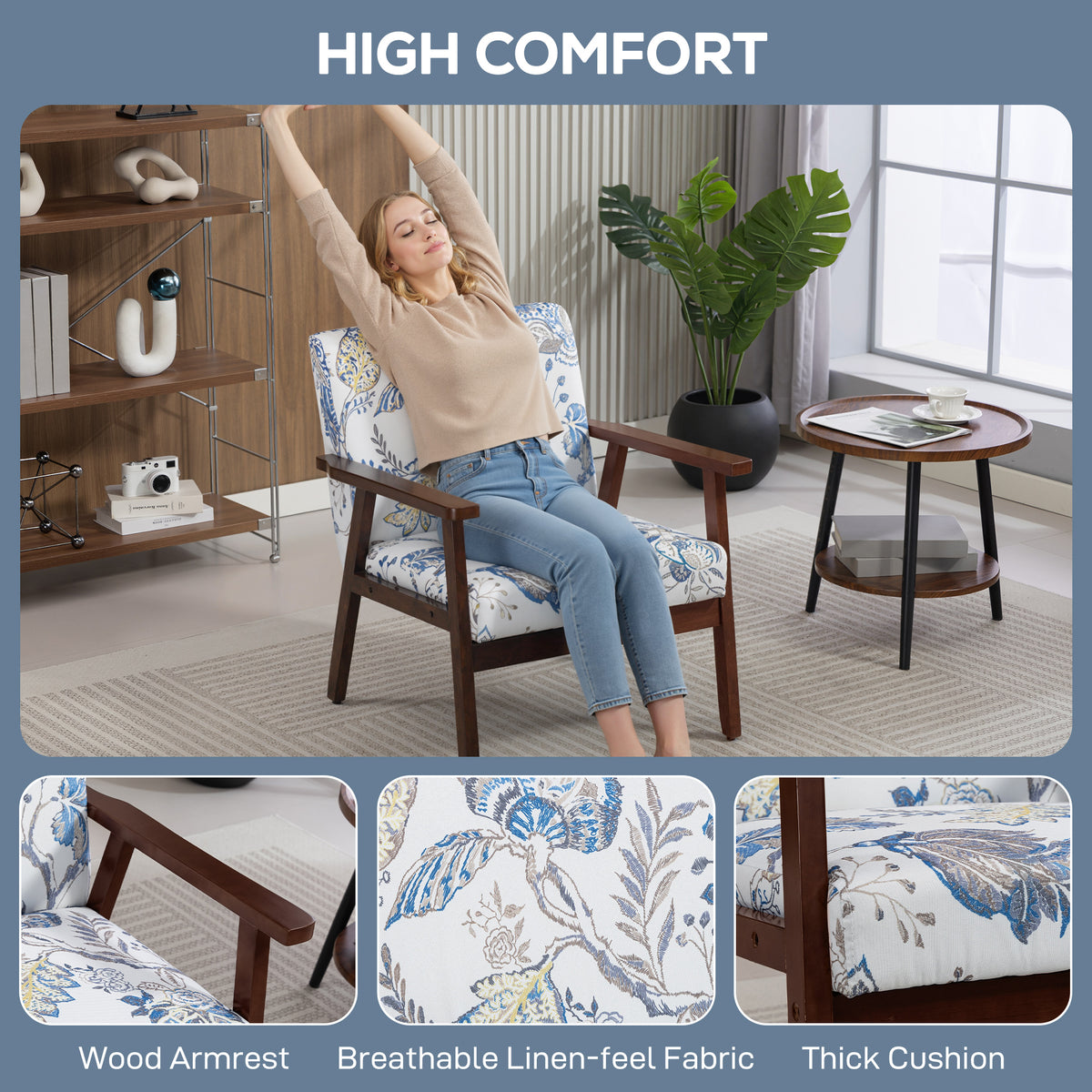 Accent Chairs with Cushioned Seat, Upholstered Linen-Feel Armchair with Adjustable Feet for Bedroom – view 32