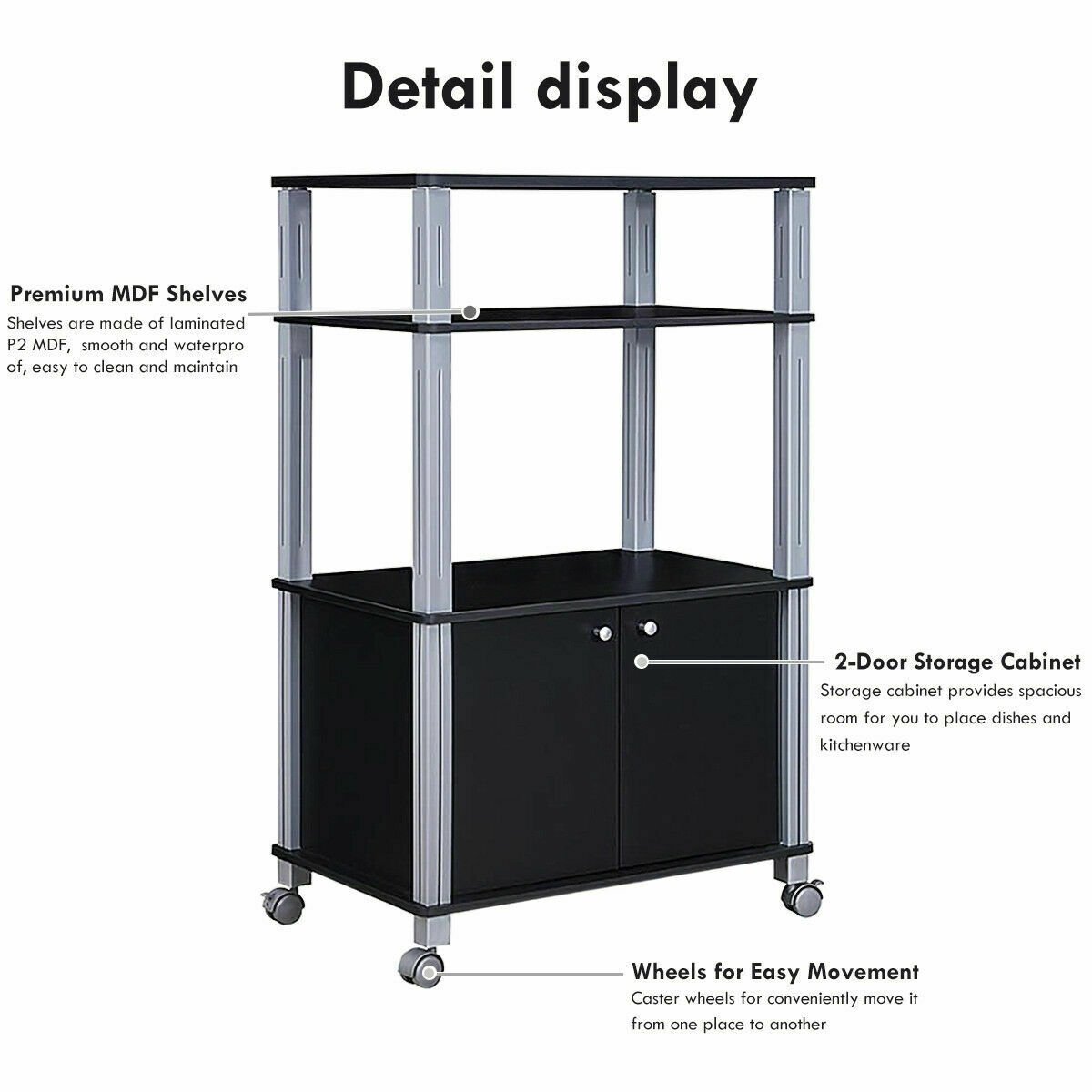 Microwave Rack Stand Rolling Storage Cart-Black view 7