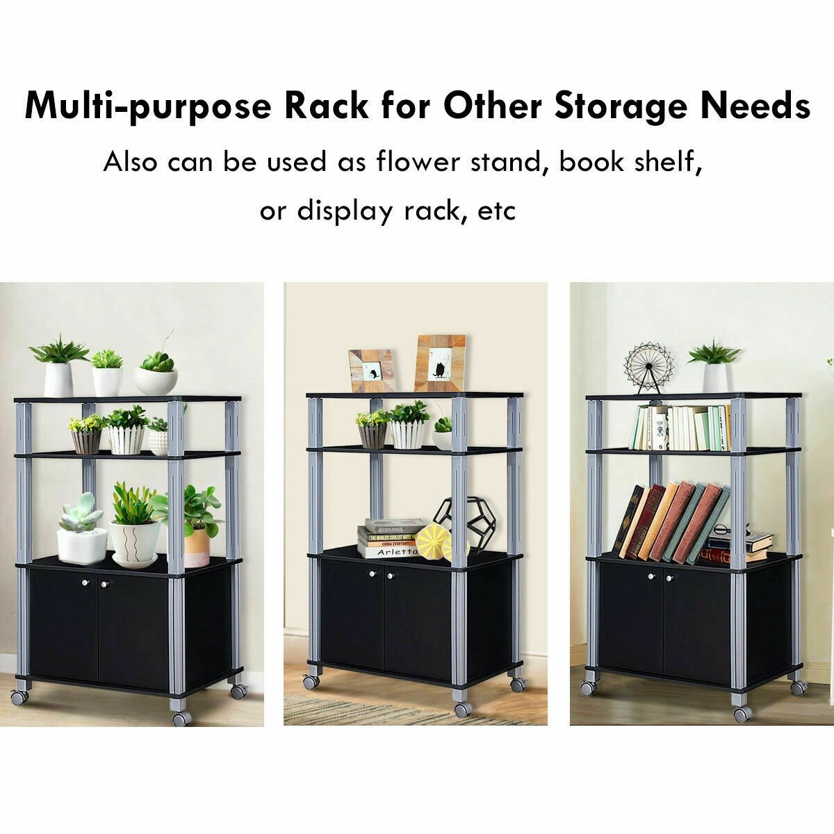 Microwave Rack Stand Rolling Storage Cart-Black view 9
