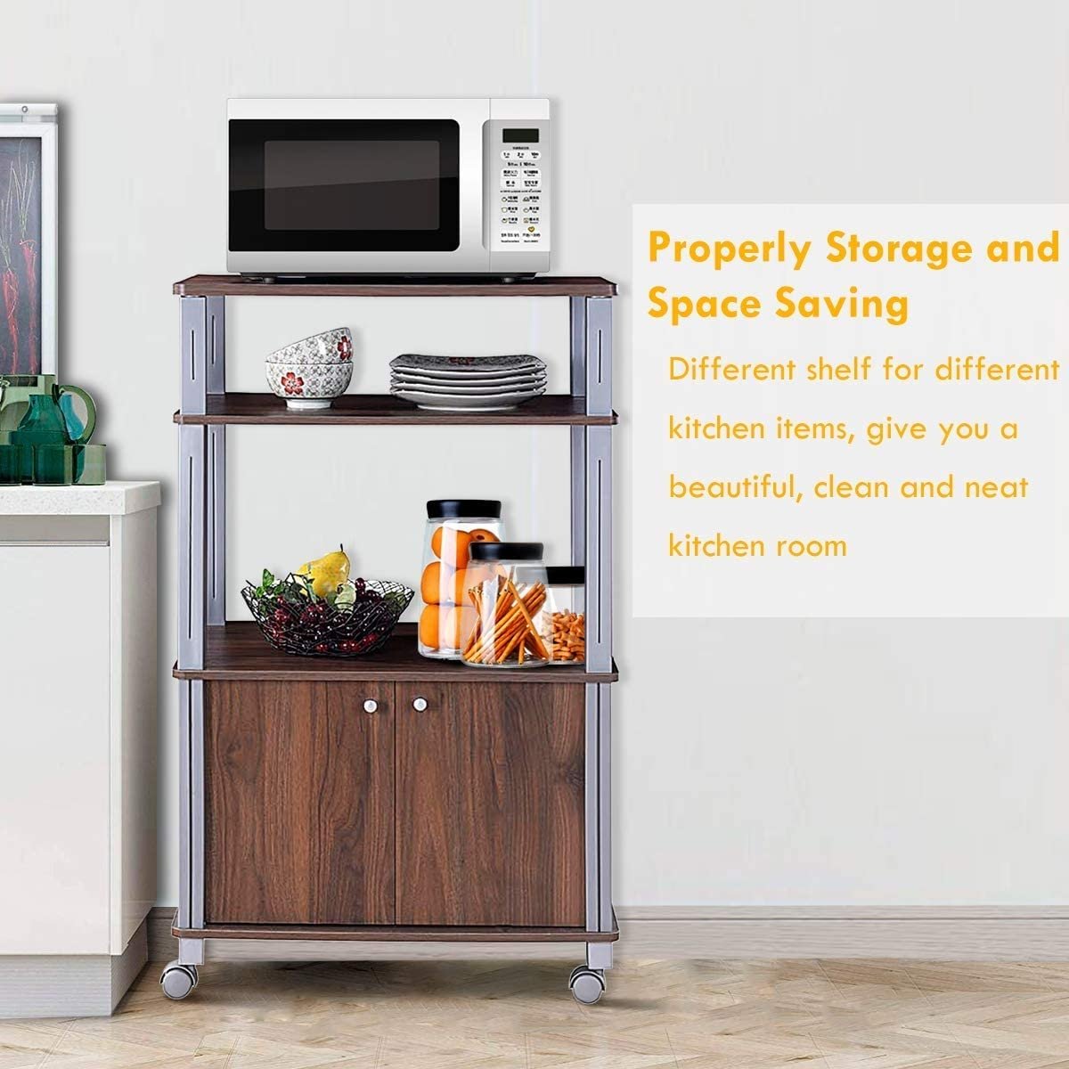 Microwave Rack Stand Rolling Storage Cart-Walnut view 9