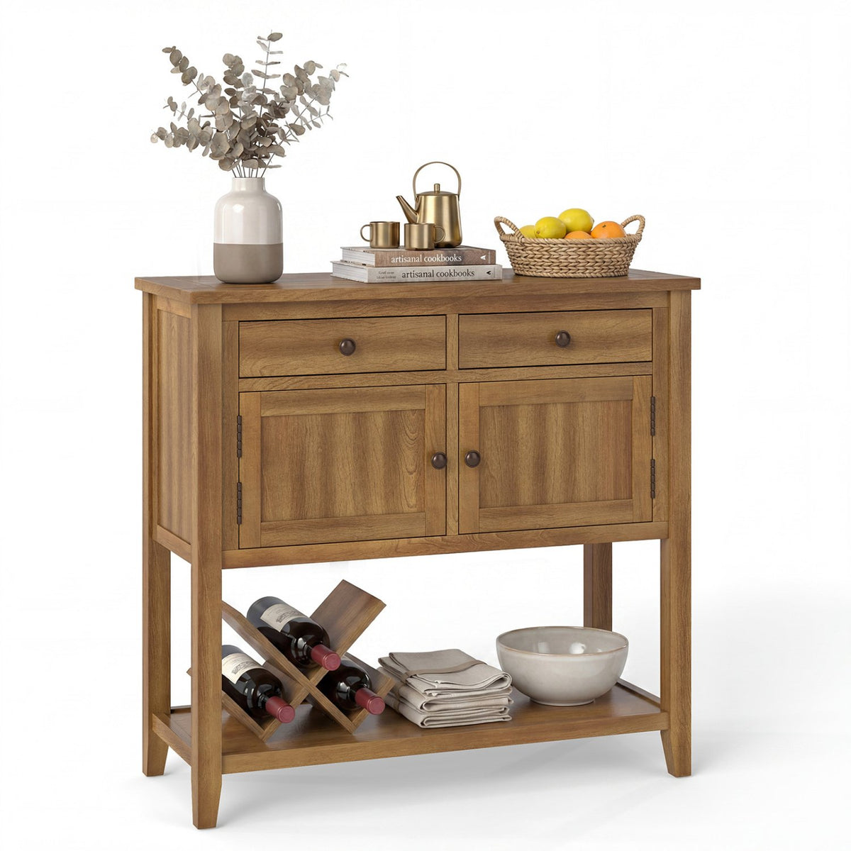 Mid-Century Console Table Wood Coffee Bar Buffet Sideboard with 2 Drawers-Walnut