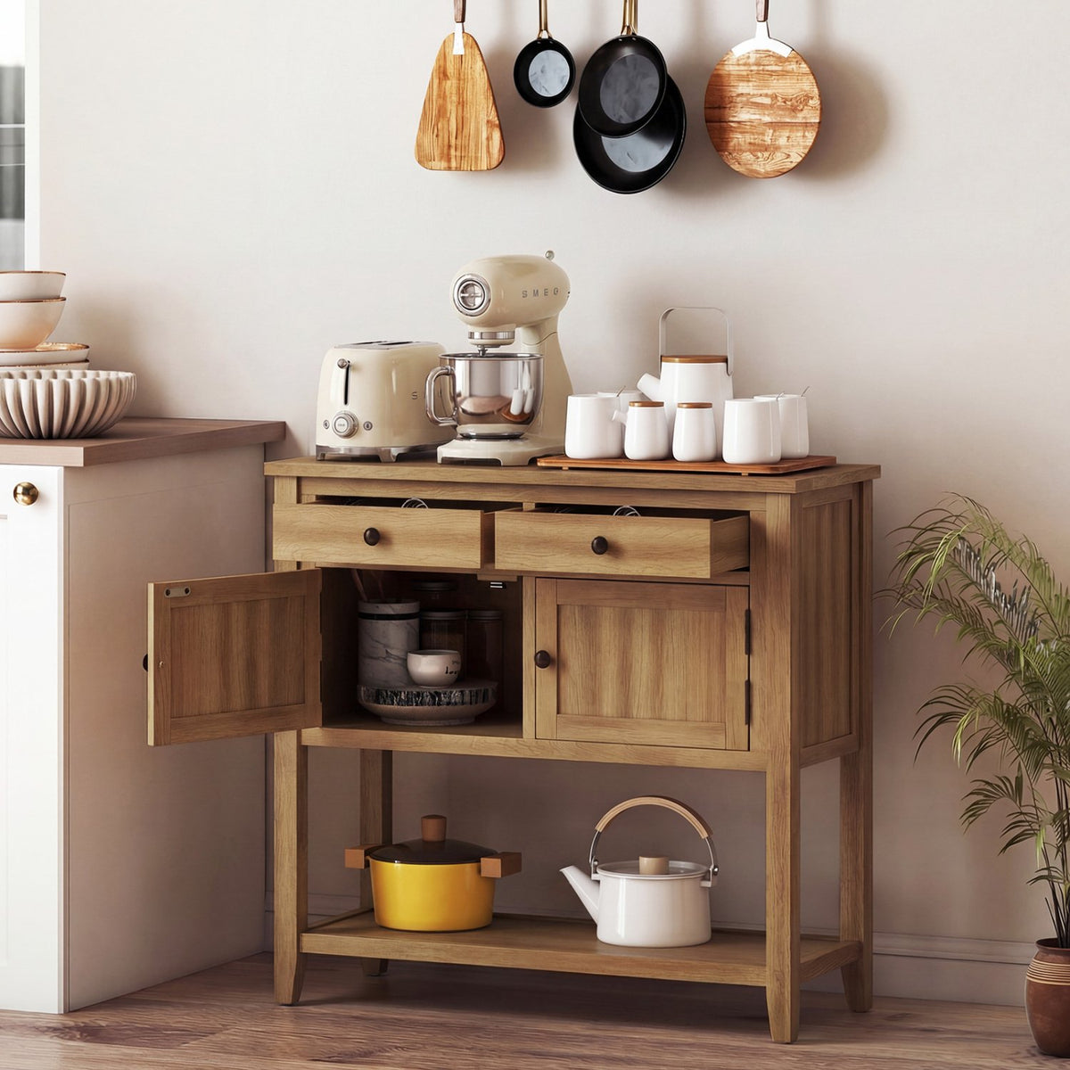 Mid-Century Console Table Wood Coffee Bar Buffet Sideboard with 2 Drawers-Walnut view 6
