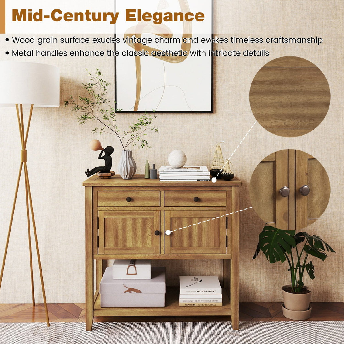 Mid-Century Console Table Wood Coffee Bar Buffet Sideboard with 2 Drawers-Walnut view 8