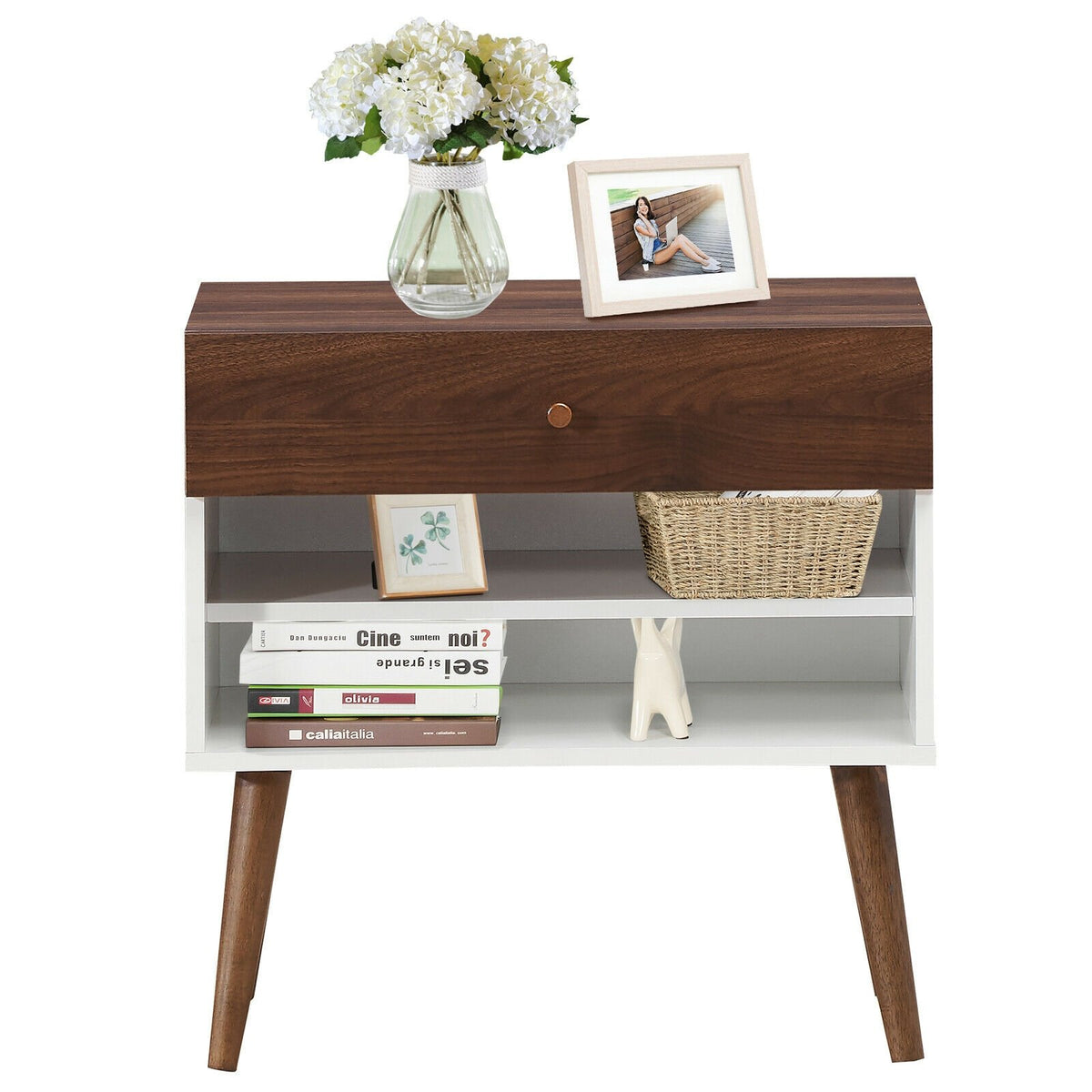 Mid-Century Nightstand with Drawer and Rubber Wood Legs view 7
