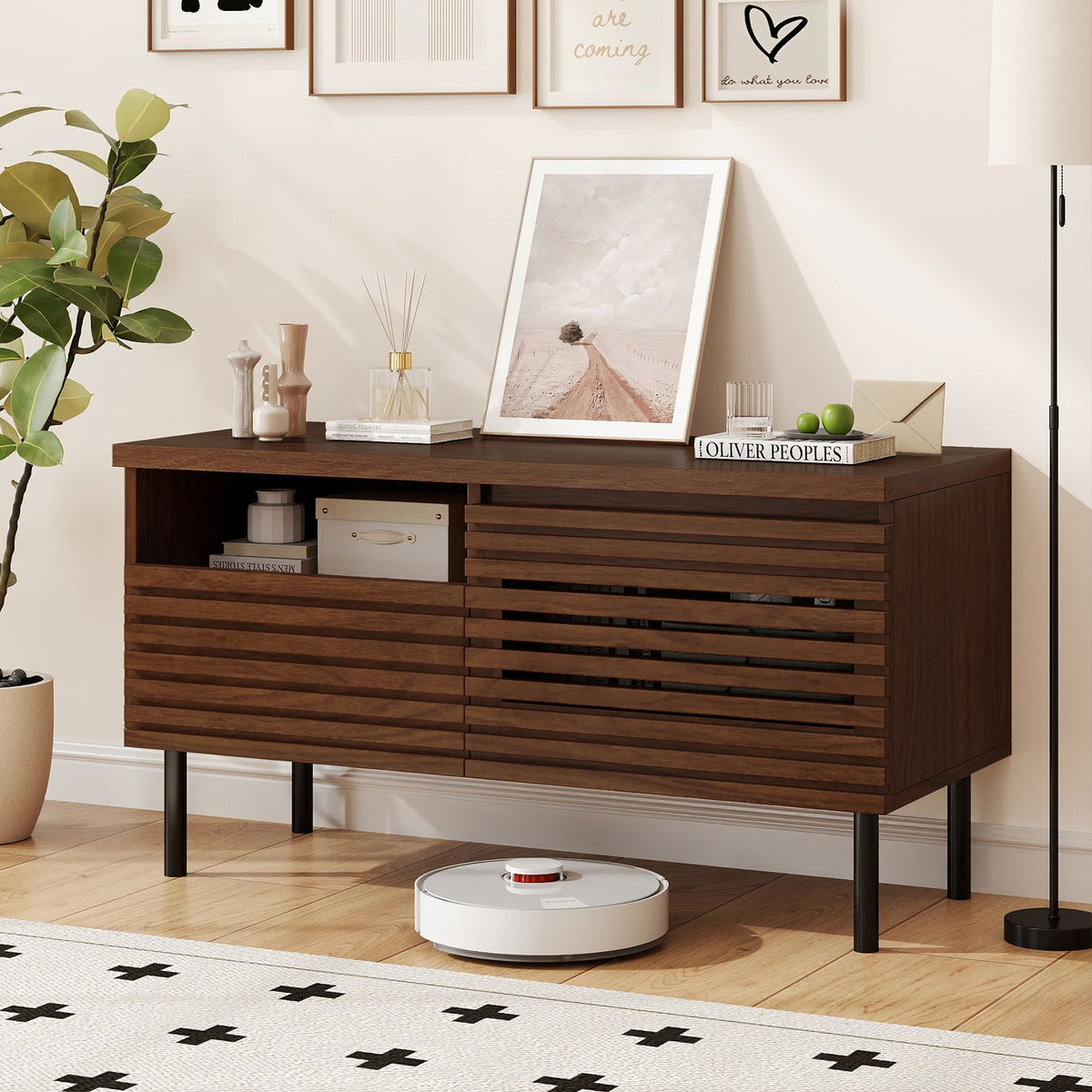 Mid Century Fluted TV Stand for 40 Inch TV Modern Entertainment Center with Open Compartment-Walnut view 2