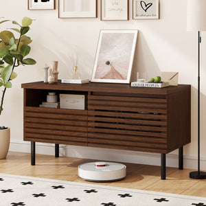 Mid Century Fluted TV Stand for 40 Inch TV Modern Entertainment Center with Open Compartment-Walnut view 2