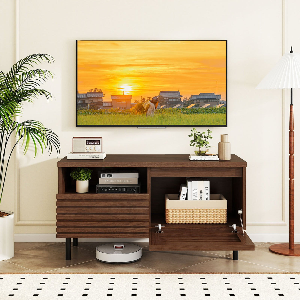 Mid Century Fluted TV Stand for 40 Inch TV Modern Entertainment Center with Open Compartment-Walnut view 3