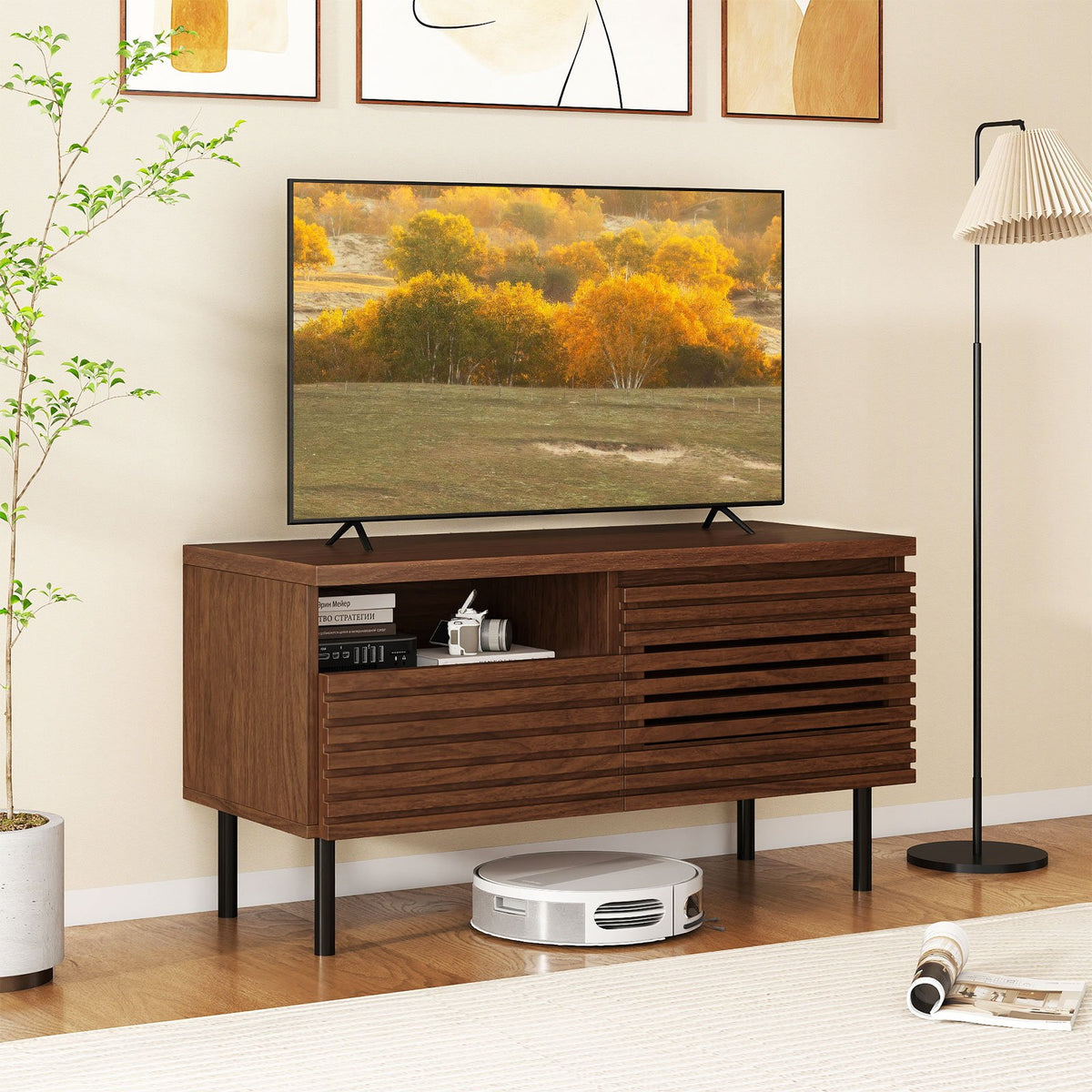 Mid Century Fluted TV Stand for 40 Inch TV Modern Entertainment Center with Open Compartment-Walnut view 6