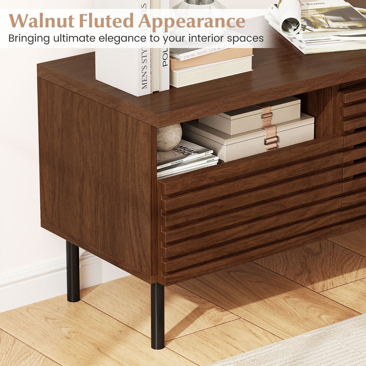Mid Century Fluted TV Stand for 40 Inch TV Modern Entertainment Center with Open Compartment-Walnut view 7