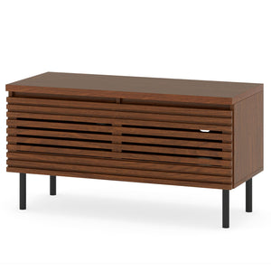 Mid Century Fluted TV Stand for 40 inches TV with 2 Hidden Compartments and Metal Legs-Walnut