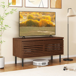 Mid Century Fluted TV Stand for 40 inches TV with 2 Hidden Compartments and Metal Legs-Walnut view 2