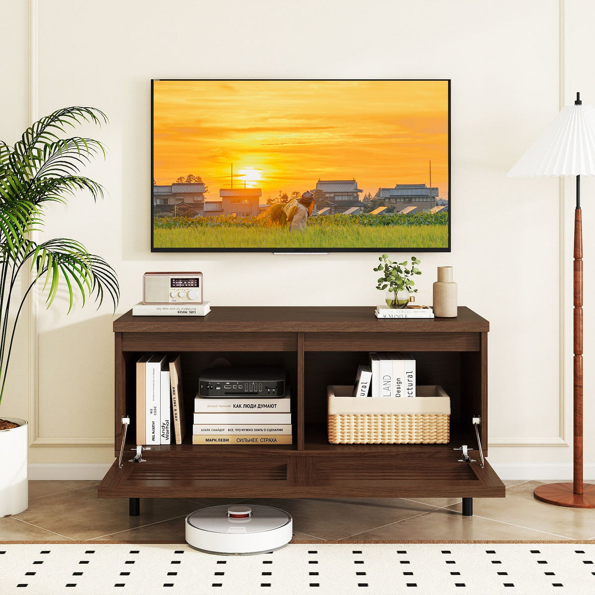 Mid Century Fluted TV Stand for 40 inches TV with 2 Hidden Compartments and Metal Legs-Walnut view 3