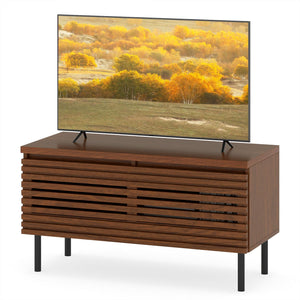 Mid Century Fluted TV Stand for 40 inches TV with 2 Hidden Compartments and Metal Legs-Walnut view 4