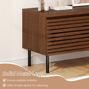 Mid Century Fluted TV Stand for 40 inches TV with 2 Hidden Compartments and Metal Legs-Walnut view 7