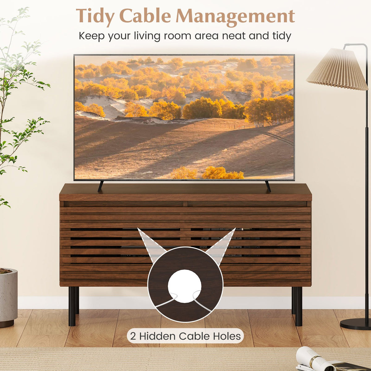 Mid Century Fluted TV Stand for 40 inches TV with 2 Hidden Compartments and Metal Legs-Walnut view 8